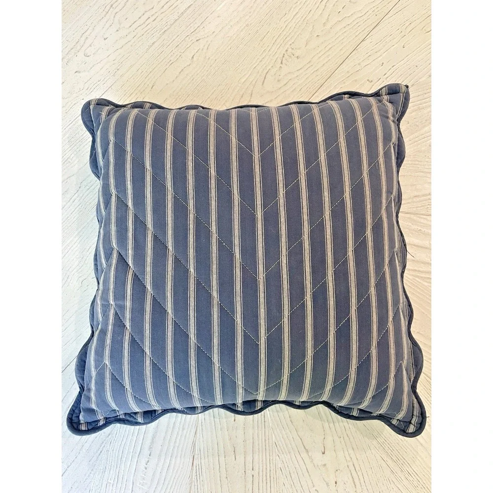 Ralph Lauren 18x18‎  Blue Scalloped Quilt Ticking Stripe Pillow w/Feather Insert